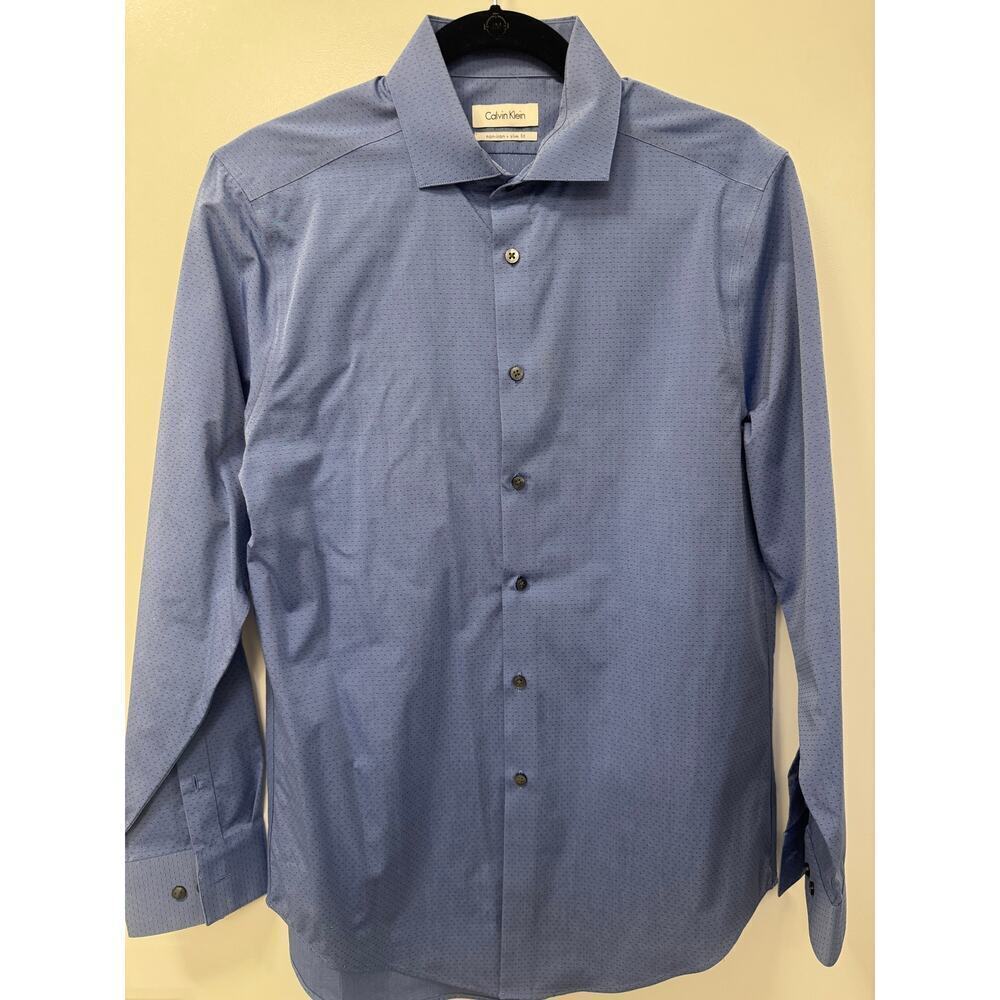 Calvin Klein Button-Up Shirt Mens 15.5 Blue Cotton Slim-Fit Preppy Career Office